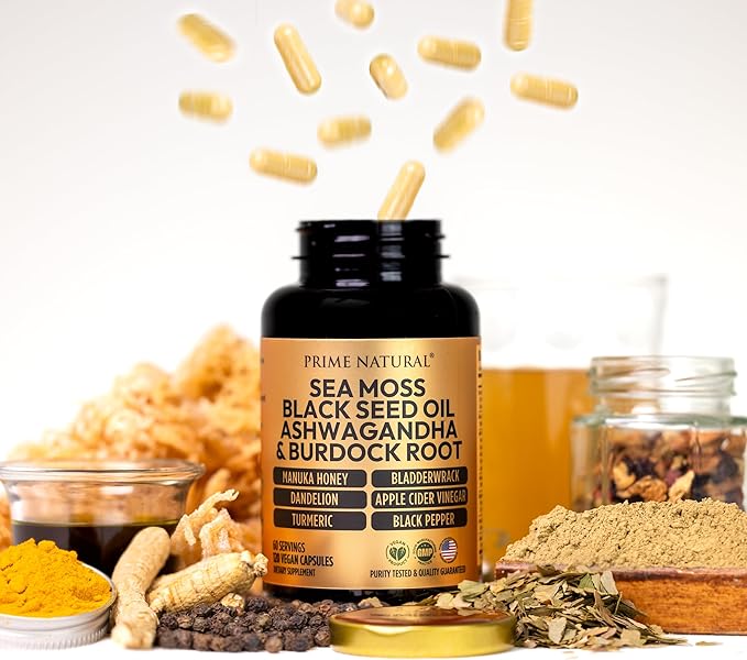 PRIME NATURAL Sea Moss 300mg Black Seed Oil 200mg Ashwagandha 100mg Turmeric Bladderwrack Burdock Manuka Honey Dandelion ACV - 120 Capsules | 60 Days Supply | Vegan
