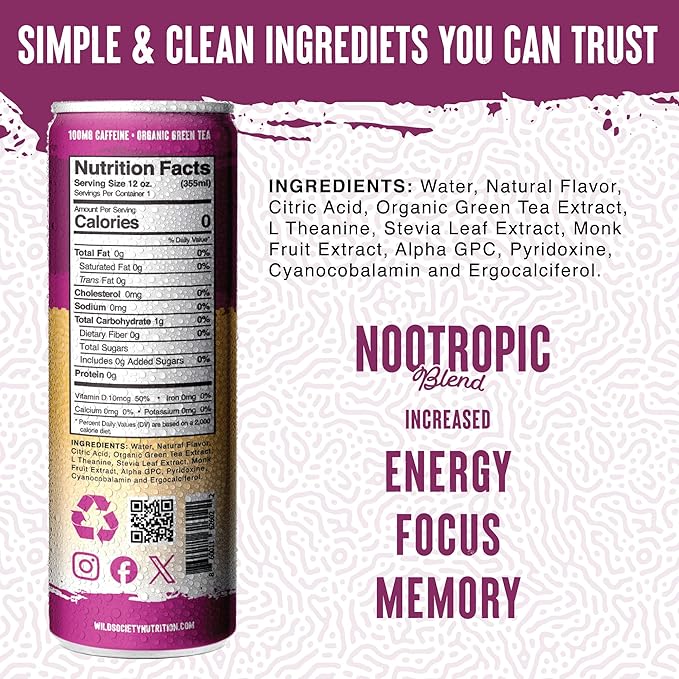 Wild Society Natural Energy Drink + Nootropics (12 pack) - 100mg Organic Caffeine from Green Tea - Zero Sugar &amp Zero Calories - Monk Fruit Sweetened - Clean Ingredients - Fuel Mind - Mango Passion