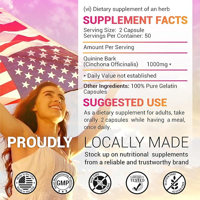 HERBALICIOUS Quinine Capsules - Cinchona Officinalis Bark Herbal Supplement for Muscle Cramp Defense and Overall Digestive Health - All-Natural Quinine Sulfate Pills 500mg per Capsule 100 Tablets