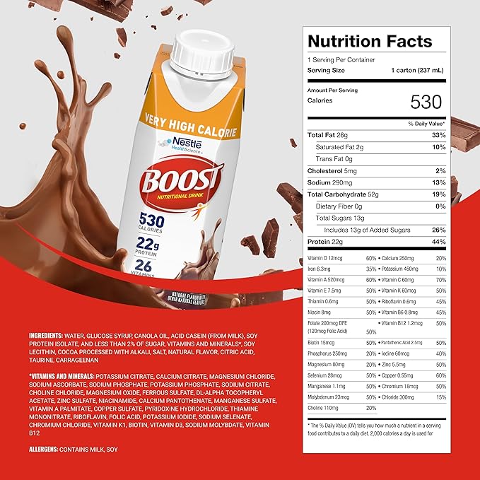 BOOST Very High Calorie Nutritional Drink – Helps Weight Gain &amp Maintenance - 530 Calories - 26 Vitamins &amp Minerals - 22 g Protein - Calorie-Dense Nutritional Drink - Chocolate - 8 fl oz (Pack