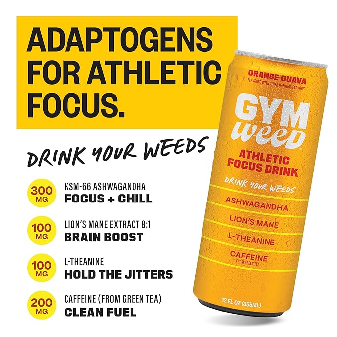GYM WEED Athletic Focus Drink with KSM-66 Ashwagandha Lion's Mane Mushroom L-Theanine 200mg Green Tea Caffeine with Natural Sweeteners Variety Pack of flavors 12 Pack