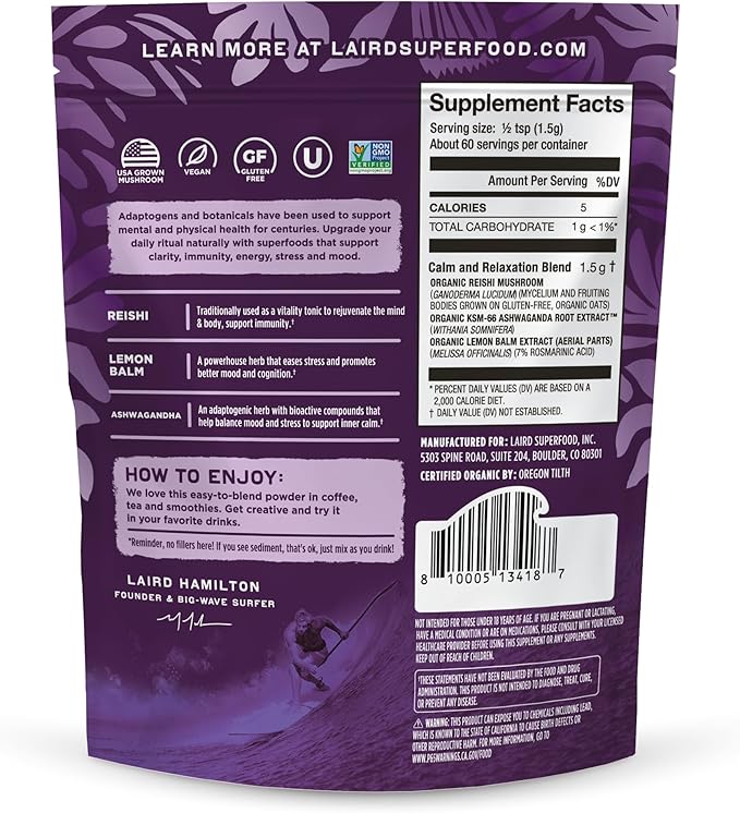 Laird Superfood Organic Calm and Relax Mushroom Blend with Reishi Lemon Balm and Ashwagandha 3.17 oz. Bag Pack of 1