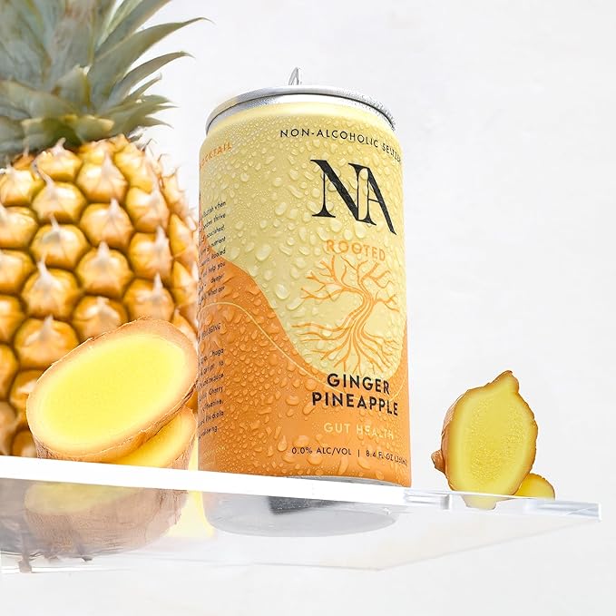 NA Non-Alcoholic Functional Adaptogen Drinks with Pre &amp Probiotic Blend | Ashwagandha Mushrooms Magnesium &amp L-Theanine | Low Sugar Low Calorie Social Tonic Ginger Pineapple 8.4oz Cans (12