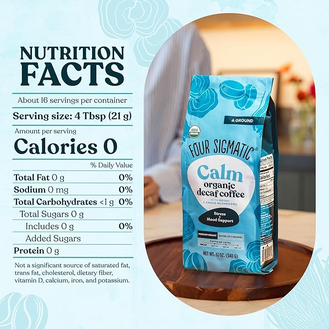 Four Sigmatic Calm Organic Decaf Ground Coffee | Swiss Water Decaf Coffee with Chaga &amp Reishi Mushroom Extracts | 12oz Bag(Pack of 2)
