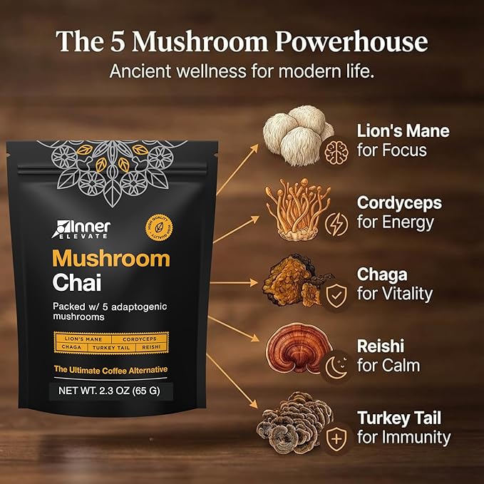 Inner Elevate Superfood Mushroom Chai - Ultimate Coffee Alternative - Adaptogenic Mushroom Tea Drink with Lion's Mane Cordyceps Chaga Reishi Turkey Tail (35 Servings)