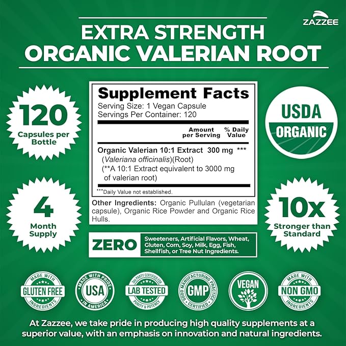Zazzee USDA Organic Valerian Root 10:1 Extract 120 Vegan Capsules 4 Month Supply Valeriana Officinalis Relaxation Calm &amp Mood Support All-Natural Non-GMO Made in the USA