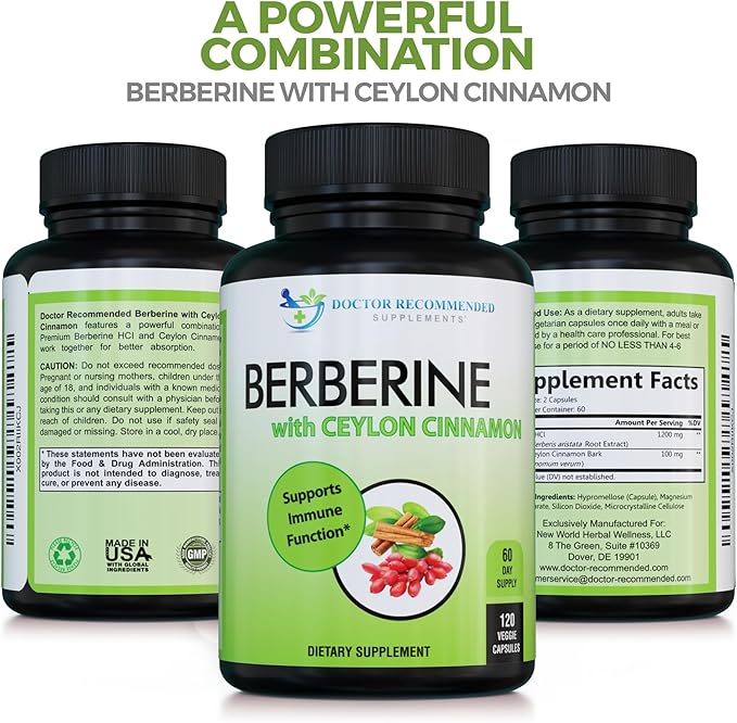 DOCTOR RECOMMENDED SUPPLEMENTS Berberine with Ceylon Cinnamon - 1200mg Berberine &amp 100mg Organic Ceylon Cinnamon - 120 Veggie Capsules (Pack of 3)