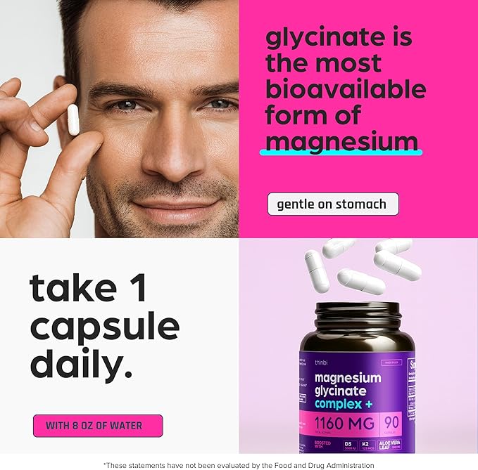 Magnesium Glycinate 1160mg + Aloe Vera D3 &amp K2 Complex 90 Capsules - High Absorption Non-Laxative - Supports Muscle Function &amp Healthy Metabolism Chelated Formula