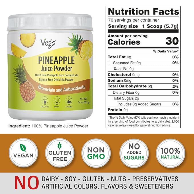 Vegs Pineapple Juice Powder - Freeze Dried Organic Pineapple Powder with Bromelain &amp Antioxidants - Sugar-Free Cold Pressed Tropical Fruit - Smoothies Drinks Cooking Baking - Vegan Non-GMO - 1
