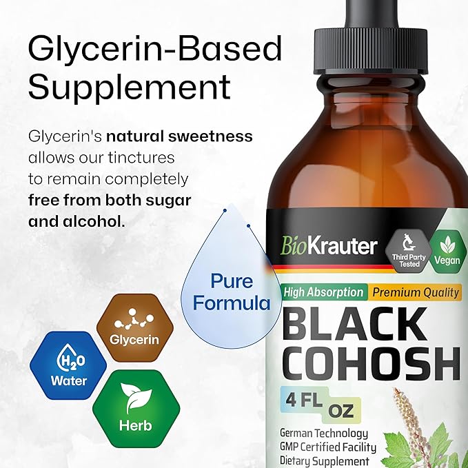 BIO KRAUTER® Perimenopause &amp Menopause Supplements for Women* - Pure Vegan Black Cohosh for Mood Support &amp Women's Wellness - Black Cohosh Supplements 4 Fl.Oz 56-Day Supply Alcohol &amp Suga
