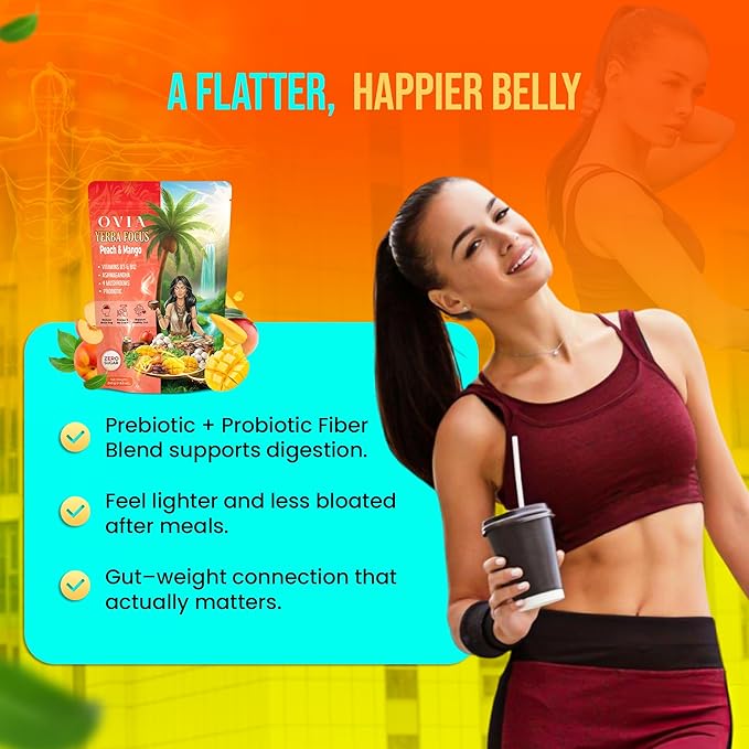 OVIA Yerba Mate Tea Instant Powder for Weight Loss with Vitamin D3 &amp B12 and Lion’s Mane – Prebiotics &amp Probiotics for Clean Energy Focus &amp Digestive Support | Zero Sugar - Peach Mango - 3