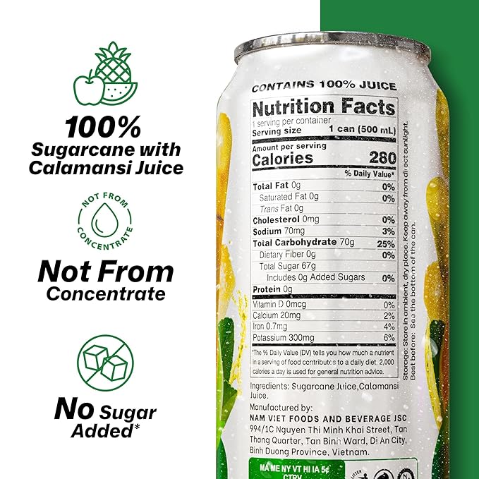VINUT 100% Sugarcane with Calamansi Juice No Added Sugar Not From Concentrate 16.9 fl oz (500 mL) Can Pack of 6