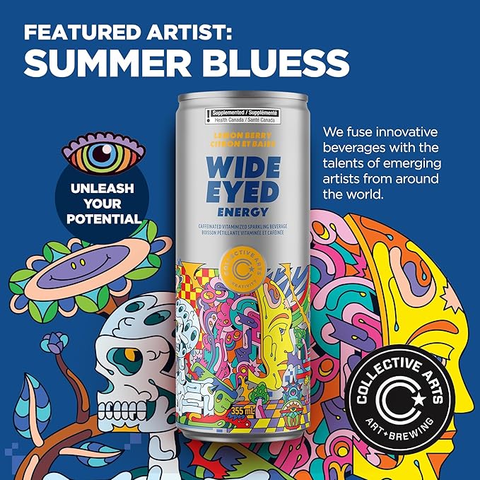 Collective Arts Wide Eyed Energy Drinks | Naturally-Flavored Caffeinated Vitaminized Sparkling Beverage With Fruit Extracts | Lemon Berry BOOST | Pack of 12 | 12 fl oz.(355ml)