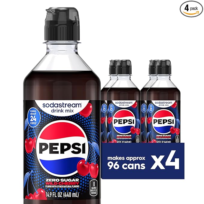 SodaStream Pepsi Wild Cherry Zero Sugar New Pour Bottles Drink Mix (440ml Pack of 4)