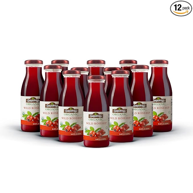 Gardenville Organic Roseship Juice (Pack of 12) USDA Organic No Added Sugar U Kosher Certified Pasteurized 8.4 oz Glass Bottles (Roseship)