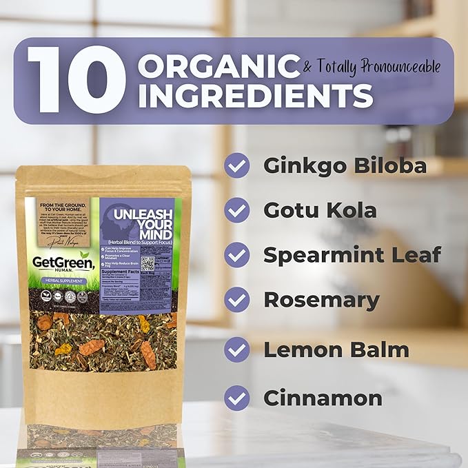 Clear Mind + Focus and Memory Loose Leaf Tea w/ Ginkgo Biloba Gotu Kola Rosemary | Organic Herbal Tea | 2 oz (57 gram) | Decaf Vegan Healthy ZERO Caffeine Organic Herbs No Natural or Artificia