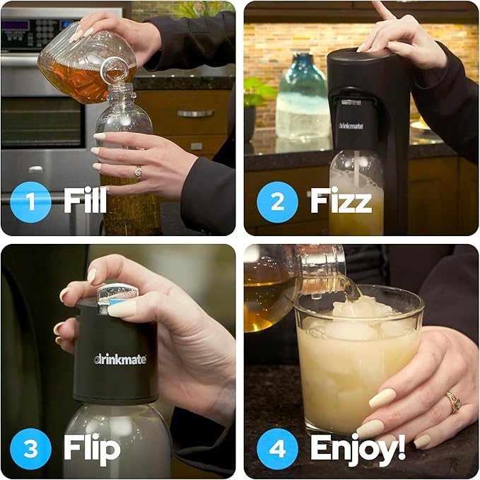 Drinkmate OmniFizz Sparkling Water and Soda Maker Carbonates Any Drink ULTIMATE BUNDLE - Includes three 60L CO2 Cylinders Two Carbonation Bottles and Fizz Infuser (Matte Black)