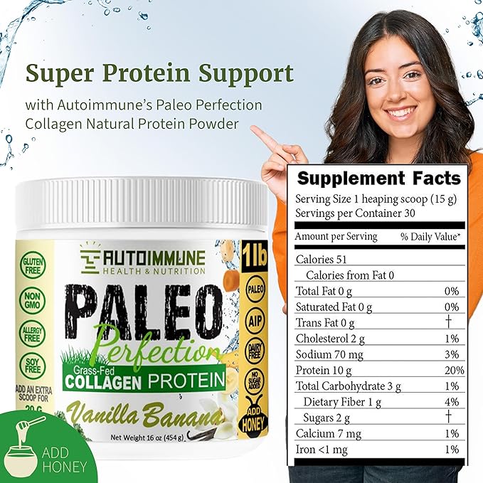 Paleo Perfection Vanilla Banana Grass Fed Beef Collagen Protein Powder Without Stevia - Paleo Keto SCD AIP Protein Powder with Apple Fiber Carrot &amp Broccoli - 1lb Protein Powder &amp Superfoo