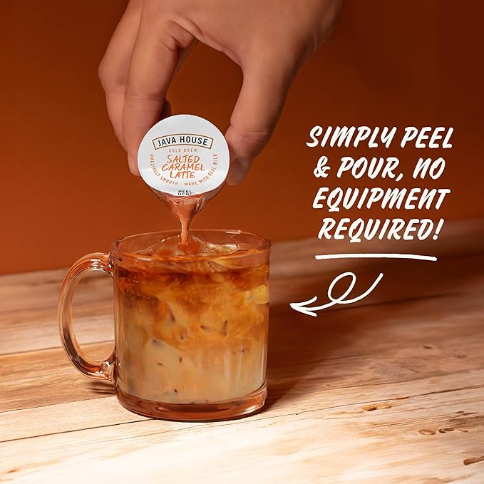 JAVA HOUSE Salted Caramel Latte Cold Brew Coffee Pods (12 Count) Peel and Pour Pods Hot or Iced
