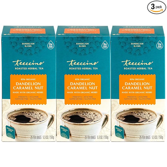 Teeccino Dandelion Caramel Nut Tea - Caffeine Free Roasted Herbal Tea with Prebiotics 3x More Herbs than Regular Tea Bags Gluten Free - 25 Tea Bags (Pack of 3)