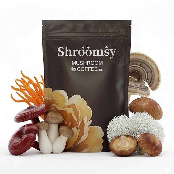 SHROOMSY Mushroom Coffee – 6 Adaptogenic Mushroom Superblend (Cordyceps Reishi Shiitake Lion’s Mane More) – With MCT Oil &amp Coconut Milk
