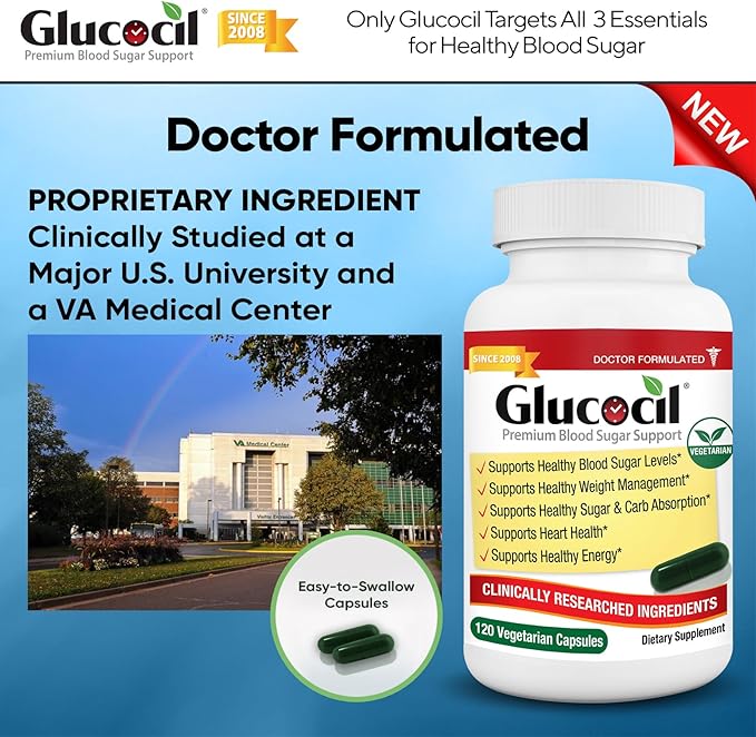 Glucocil – Vegetarian Capsules - Premium Blood Sugar Support - Supports the 3 Essentials for Healthy Blood Sugar - with Berberine Proprietary Mulberry Leaf and More