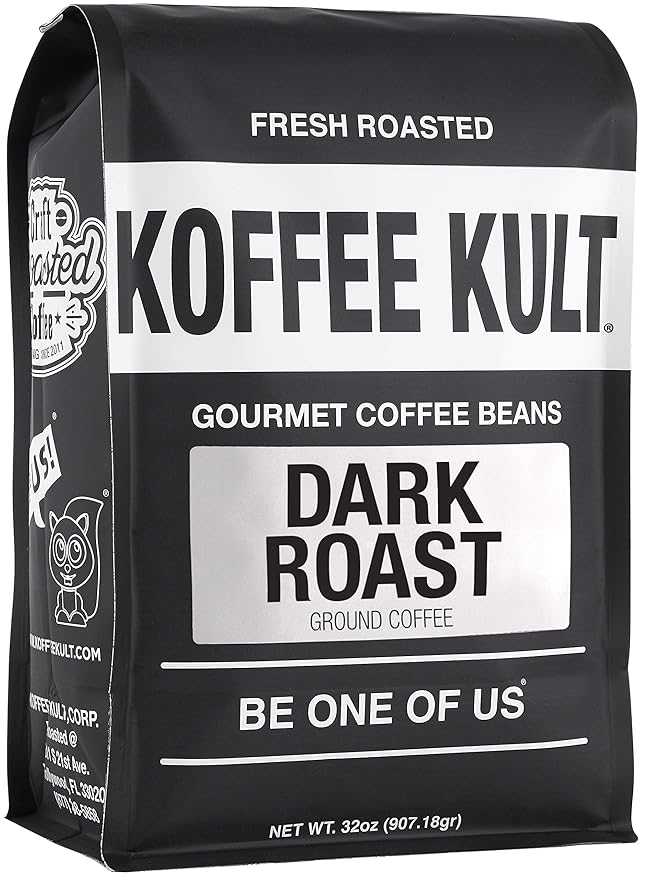 Koffee Kult Dark Roast Ground Coffee - Small Batch Gourmet Aromatic Artisan Blend 100% Arabica Coffee Organically Sourced (Ground 32oz)