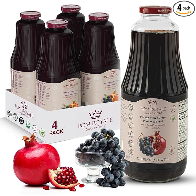 Pure Pomegranate &amp Grape Juice 33.8oz Glass Bottle (Pack of 4) Cold Pressed Juice Not from Concentrate Non-GMO No Sugar Added Gluten Free Preservative Free