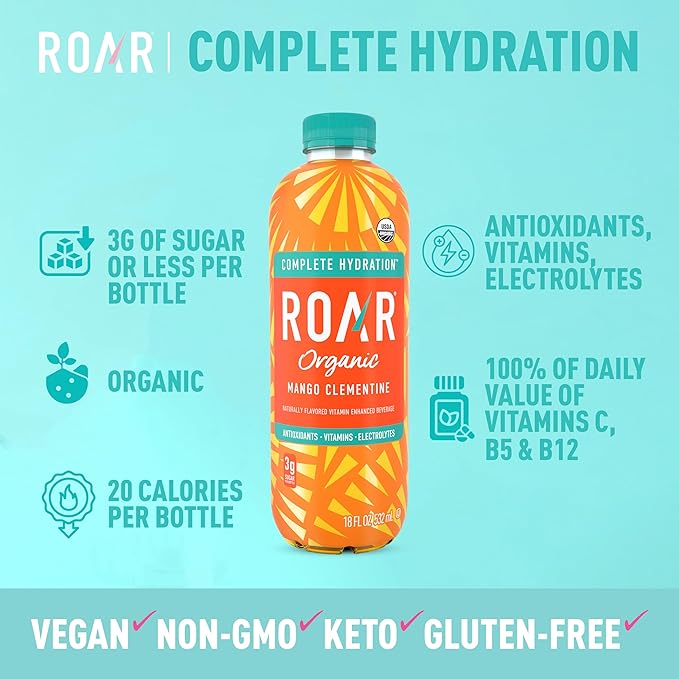 Roar Organic Electrolyte Infusions - USDA Organic - Mango Clementine - with Antioxidants B Vitamins Low-Calorie Low-Sugar Low-Carb Coconut Water Infused Beverage 18 Fl Oz (Pack of 12)