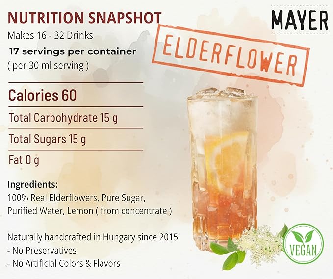 Mayer Elderflower Syrup ( Cordial ) Award - Winning Only Real Elderflowers and 3 Natural Ingredients Vegan Gluten Free Perfect for Cocktails Lemonades Coffee Desserts - No Artificial Additives