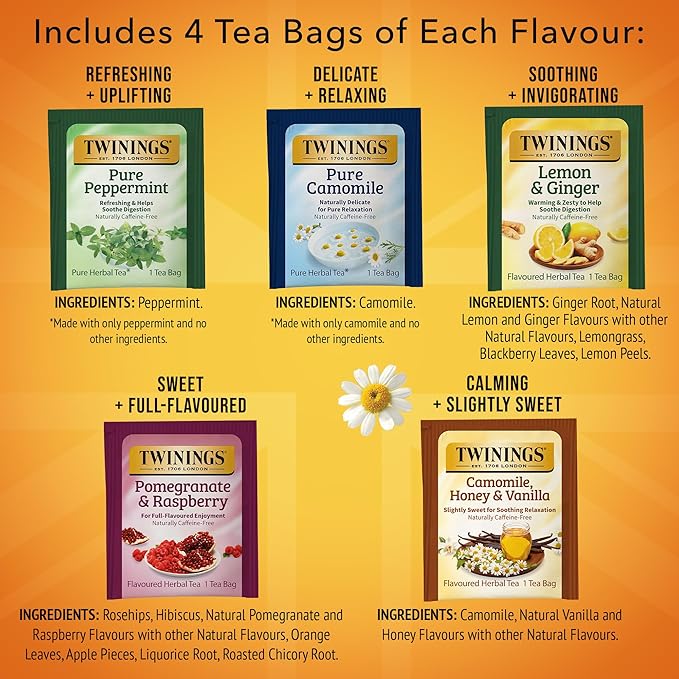 Twinings Herbal Tea Variety Pack 20 Count (Pack of 6) Formerly Assorted Herbal Includes 5 Flavours Naturally Caffeine-Free Enjoy Hot or Iced 120 Teabags