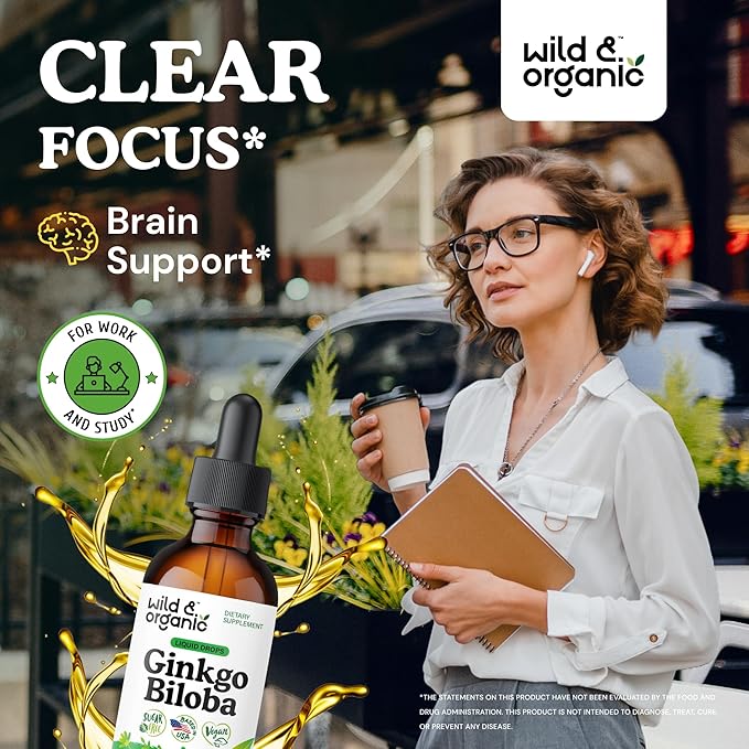 Wild &amp Organic Ginkgo Biloba Tincture - Brain &amp Focus Support with Ginkgo Leaf Supplement - Vegan Sugar &amp Alcohol-Free Herbal Extract Tincture - 2 fl oz
