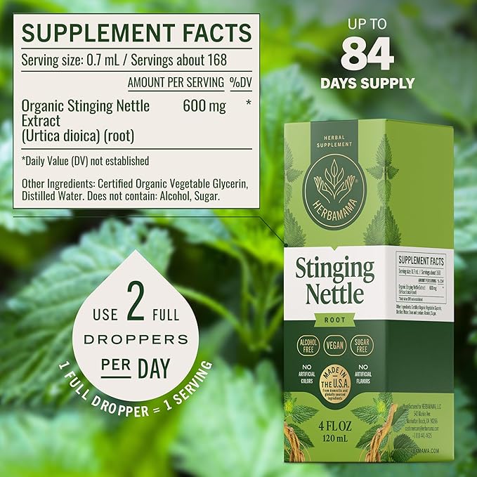 HERBAMAMA Stinging Nettle Tincture - Vegan Urinary Tract Support with Stinging Nettle Root Extract - Non-GMO Alcohol &amp Sugar-Free Urtica Dioica Supplement - 84-Day Supply