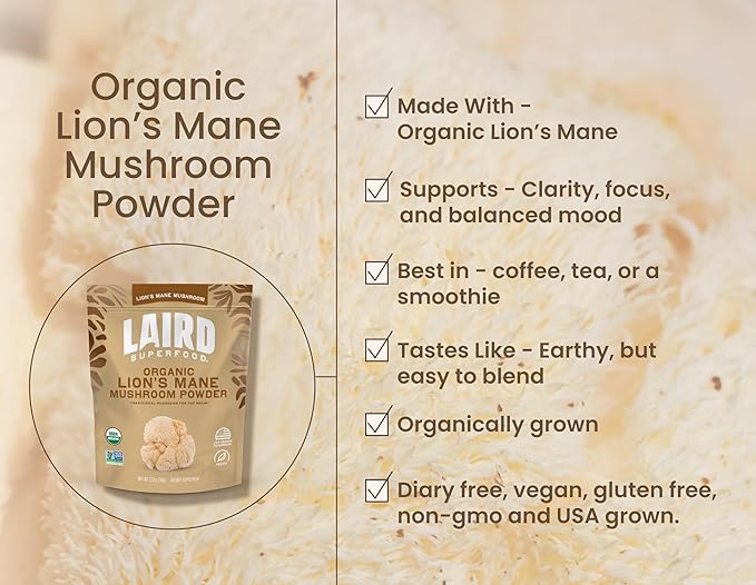 Laird Superfood Organic Lions Mane Mushroom Powder for Cognitive Function and Immune Support 3.17 oz. Bag Pack of 1