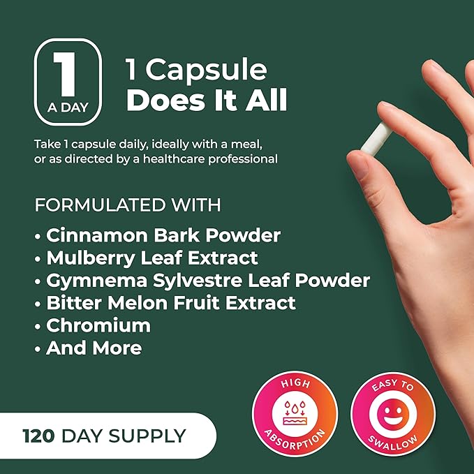 PurePremium Normal Blood Sugar Support Supplement - 20 Active Ingredients Complex to Support Blood Sugar Levels Already in The Normal Range - with Cinnamon Bitter Melon Chromium Mulberry - 120ct