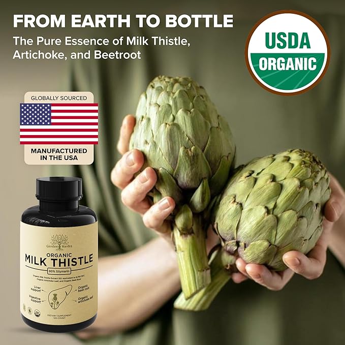 USDA Organic Milk Thistle Supplement 80% Silymarin – 250 mg with Beet Root &amp Artichoke Leaf Extract – Herbal Formula for Liver and Digestive Support 120 Capsules