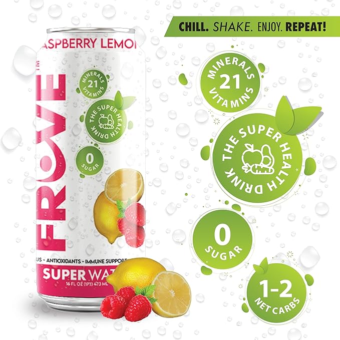 FrUve Super Water | Raspberry Lemon Flavor | 12 16oz Cans | Healthy Drink | Zero Sugar | Low Calorie Drink | Powerful Antioxidants | Boosts Immune System | NON-GMO | The Super Health Drink