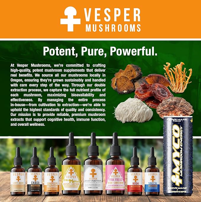 Vesper Pink Freud Mushroom Liquid Extract - Reishi &amp Lion’s Mane Blend with Wild Huckleberries for Immunomodulation Neurogenesis and Mood Support USA-Grown for Calm &amp Mental Clarity – 4oz
