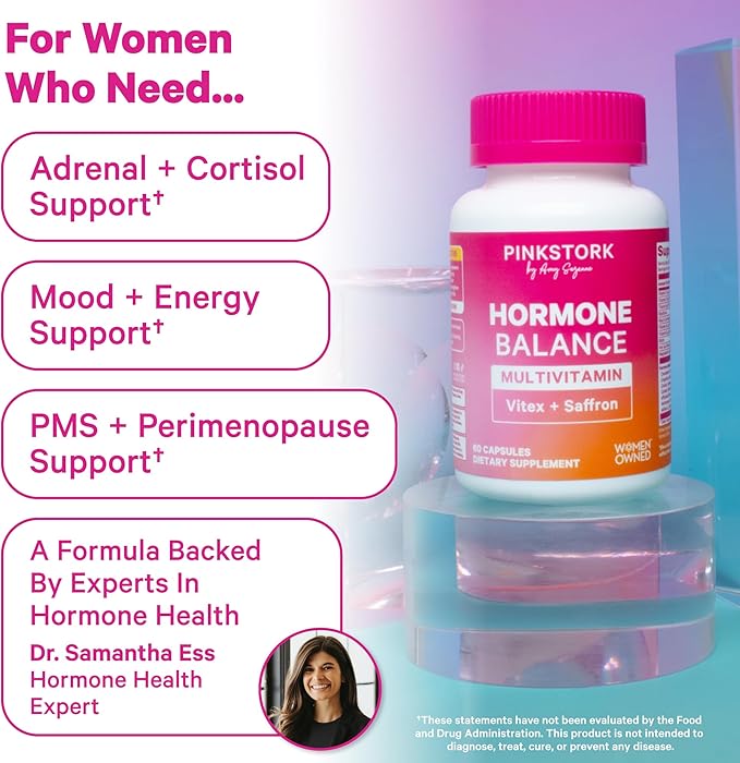 Pink Stork Hormone Balance Multivitamin for Women | 18-in-1 Vitex Saffron Ashwagandha Magnesium | Mood Energy Cortisol Adrenal Support | PMS Perimenopause Support | 60 Vegan Capsules