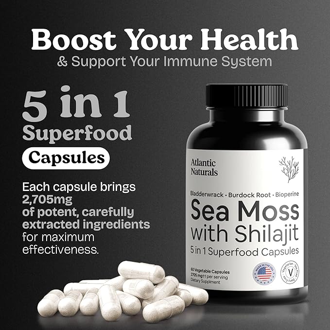Atlantic Naturals Irish Sea Moss and Shilajit Capsules for Men &amp Women | 5-in-1 Seamoss Shilajit Combo with Bladderwrack Burdock Root &amp Black Pepper for Absorption &amp Vitality - 2705mg 60