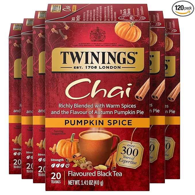 Twinings Pumpkin Spice Chai Black Tea Individually Wrapped Bags 20 Count (Pack of 6) Warm Spicy &amp Aromatic Caffeinated Enjoy Hot or Iced 120 Teabags
