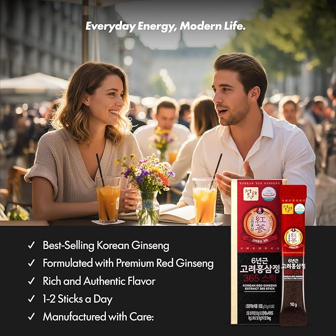 6-Year Korean Red Ginseng 365 | 100 Sticks | Vegan | 7mg Ginsenosides Per Stick | 100-Day Supply