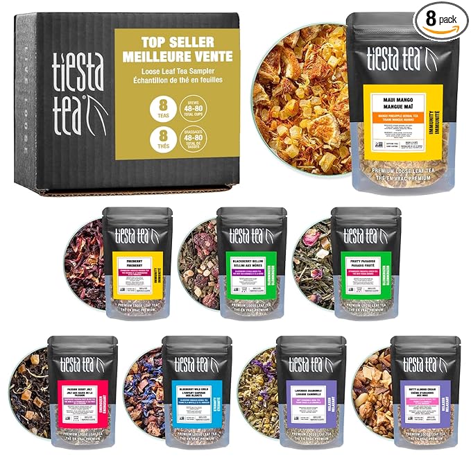Tiesta Tea - Top 8 Favorites Sampler Set Loose Leaf Up to 80 Cups High to No Caffeine Hot &amp Iced Tea Variety Pack with Green Herbal &amp Black 8 Sample Pouches