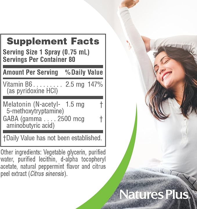 NaturesPlus Melatonin Spray Natural Peppermint Flavor - 2 fl oz - with Vitamin B6 &amp E - Vegetarian Gluten Free - 80 Servings