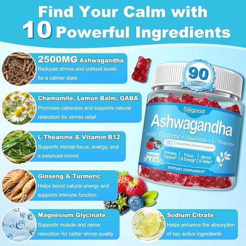 180 Count | Ashwagandha Gummies 2500mg–Ashwagandha Supplements with L-Theanine &amp GABA–Support zzZ M♡♡d Relaxation Daily Balance Mind-Body Wellness for Women &amp Men