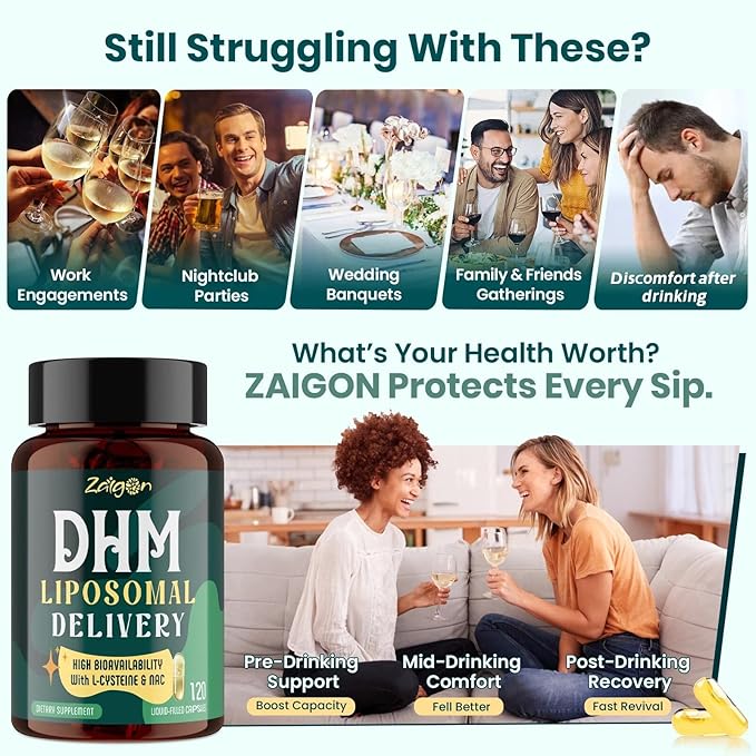 Zaigon Liposomal DHM Supplements 1000 mg dihydromyricetin with l-cysteine Milk Thistle Electrolytes Ginger NAC L-Theanine &amp Vitamin B for Recovery After Drinking &amp Liver Support 240 Cap