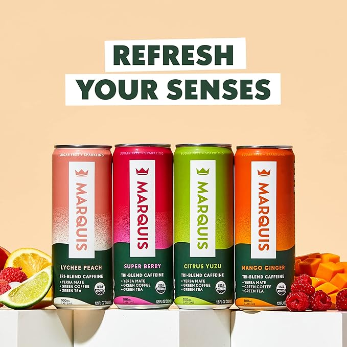 Marquis | Organic Energy Drink Alternative with Organic Plant Based Caffeine | Vegan Zero Calorie Sugar Free Sparkling Yerba Mate | Keto Energy Drinks Alternative | Variety Pack x1+ Lychee Peach x1