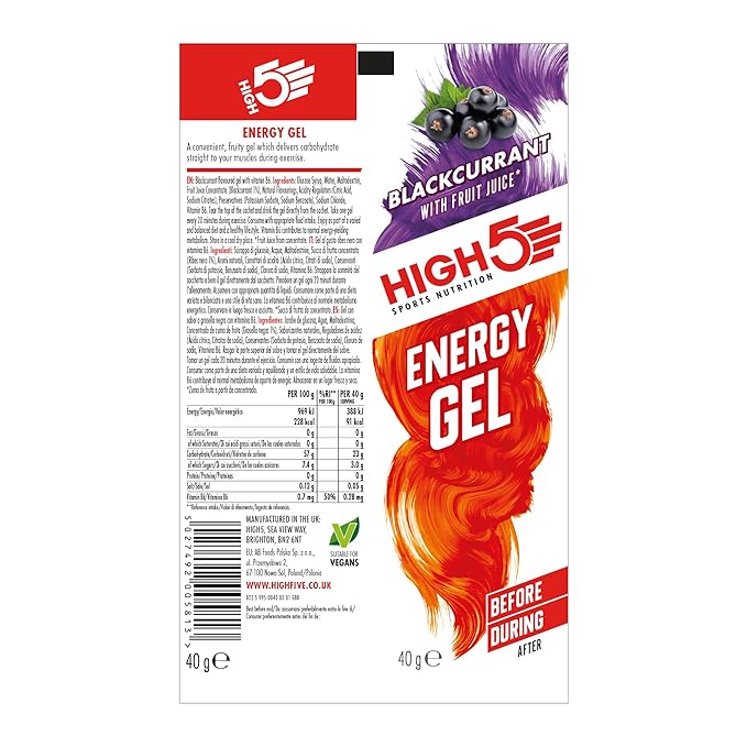 HIGH5 Energy Gels - Quick Release Sports Gels to Power Muscles for Top Performance - Natural Fruit Juice &amp Caffeine-Free - On The Go Energy Boost for Running Cycling and More (Blackcurrant 20 x