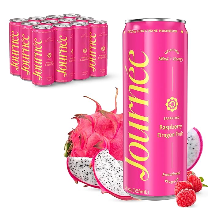Journée Wellness Energy Drink Natural Caffeine Lion’s Mane L-Theanine 125 mg Caffeine Real Fruit Juice All Natural 0 Added Sugar Cognition Immunity - Raspberry Dragonfruit – 12 Pack