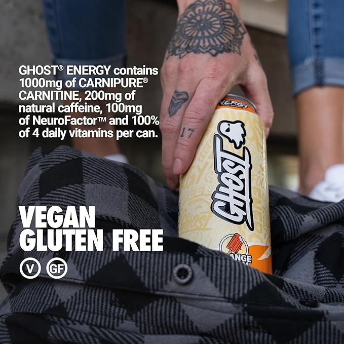 GHOST Energy Drink - 12-Pack Orange Cream 16oz Cans - Energy &amp Focus &amp No Artificial Colors - 200mg of Natural Caffeine L-Carnitine &amp Taurine - Gluten-Free &amp Vegan